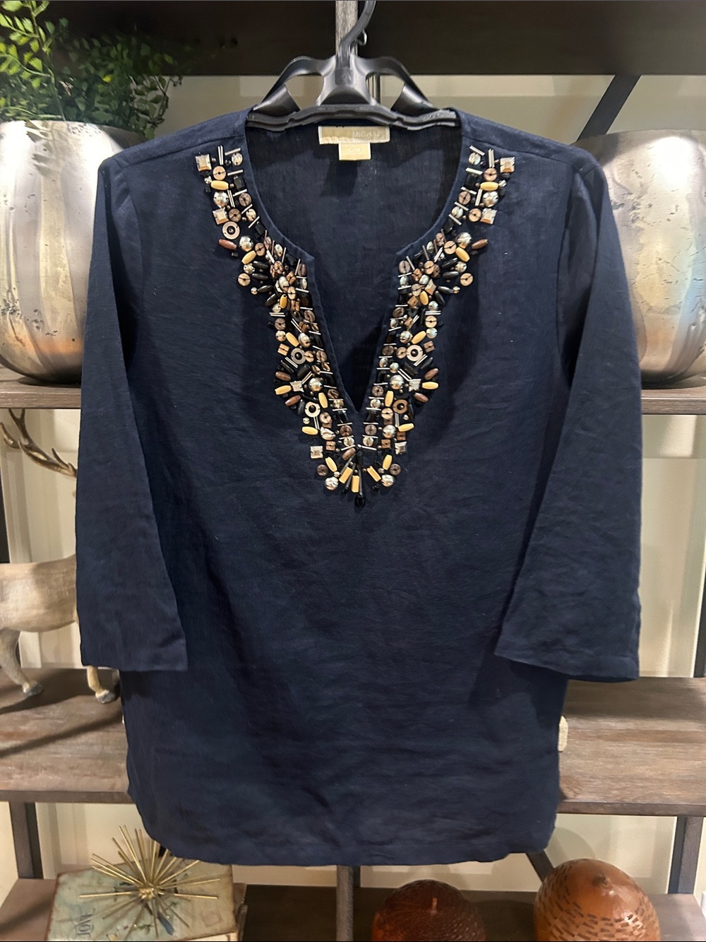 Michael Kors large Women's Embellished Navy Beaded Tunic Top large